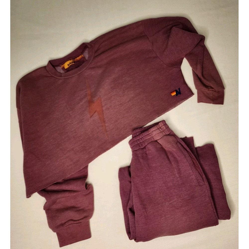 Aviator Nation Set Essential Cropped Sweatshirt W Pants in Faded Purple Size XS - Picture 2 of 16